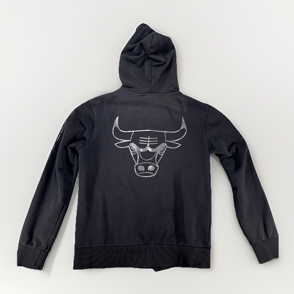 Chicago Bulls Hoodie Mens L Black Gray Spell Out Rare Bull Logo Full Face Zip